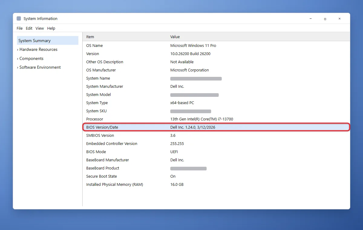 How to Check Your BIOS Version in Windows 11 1 System Information window showing the BIOS Version/Date entry