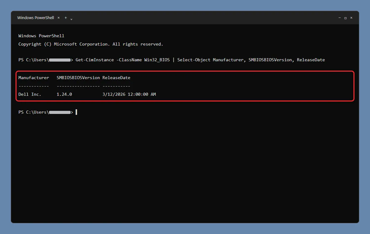 How to Check Your BIOS Version in Windows 11 2 PowerShell output listing Manufacturer, SMBIOSBIOSVersion and ReleaseDate