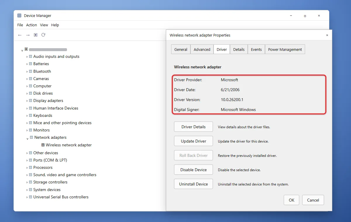 How to Check Drivers on Windows 11 1 Device Manager Properties window on the Driver tab showing provider, date and version