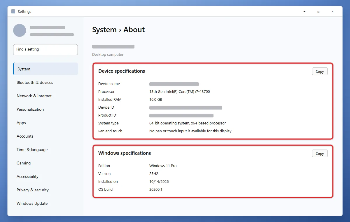 How to Check System Configuration in Windows 11 1 Windows 11 About page showing processor, RAM, system type and Windows version