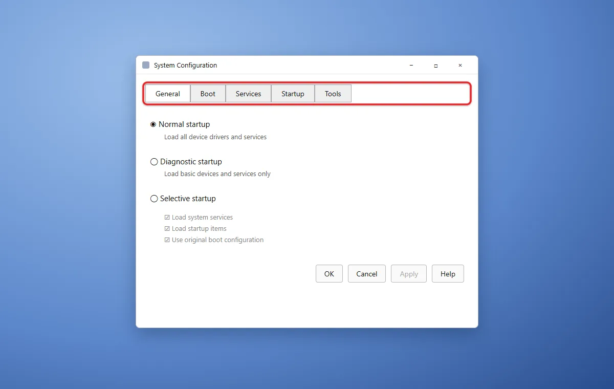 How to Check System Configuration in Windows 11 3 System Configuration msconfig window with General, Boot, Services, Startup and Tools tabs