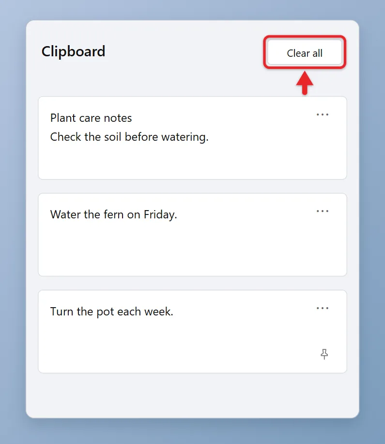 How to Clear the Clipboard in Windows 11 2 Windows 11 clipboard history panel with copied items and the Clear all button
