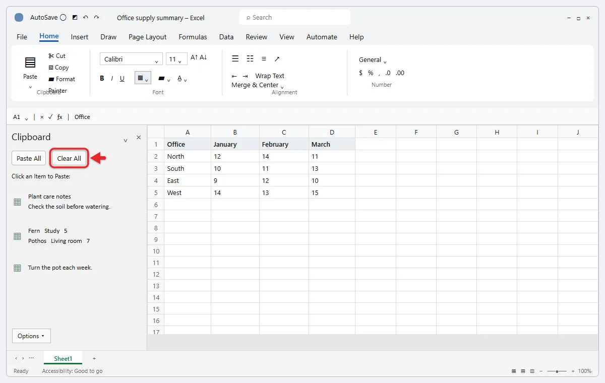 How to Clear the Clipboard in Excel 1 Excel Clipboard pane open on the left with copied items and the Clear All button