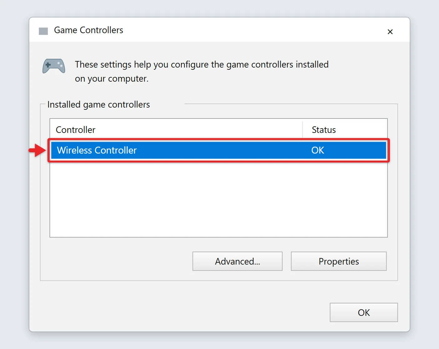 How to Connect a PS4 Controller to a Windows 11 PC 3 Game Controllers window listing Wireless Controller with status OK