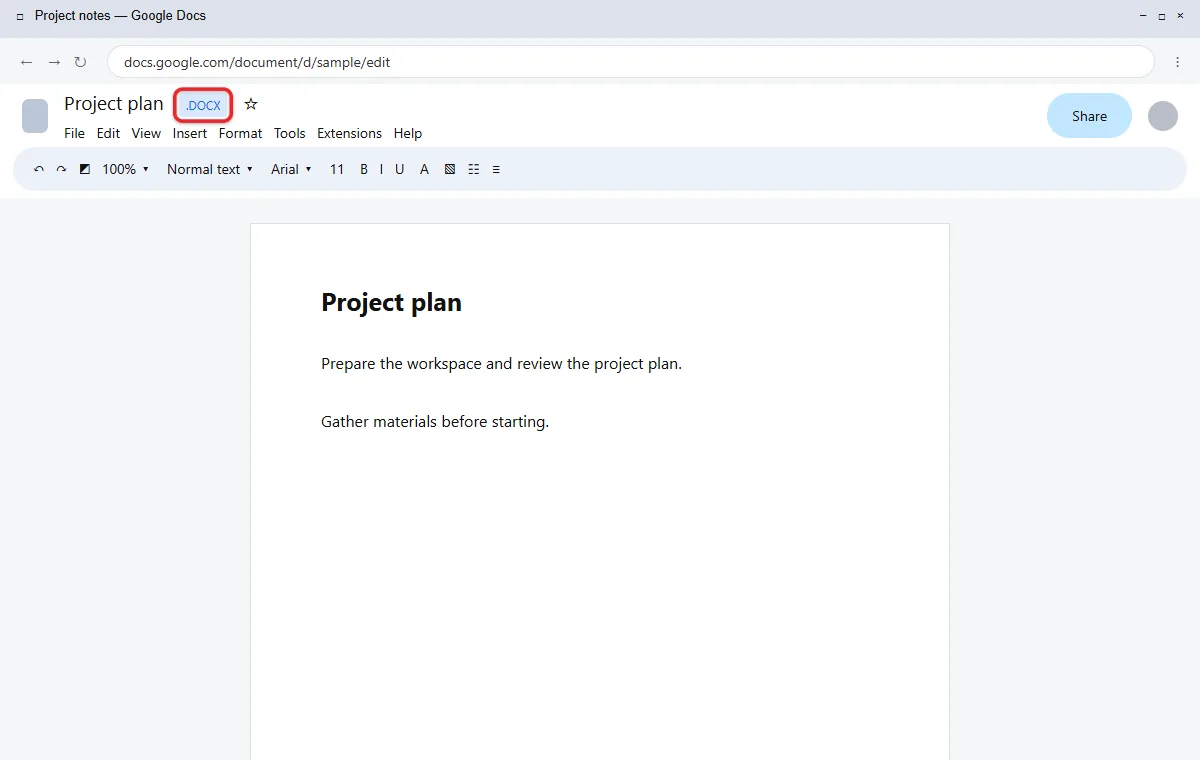 How to Convert a Word Document to a Google Doc 1 Word document open in Google Docs with the .DOCX badge beside the title