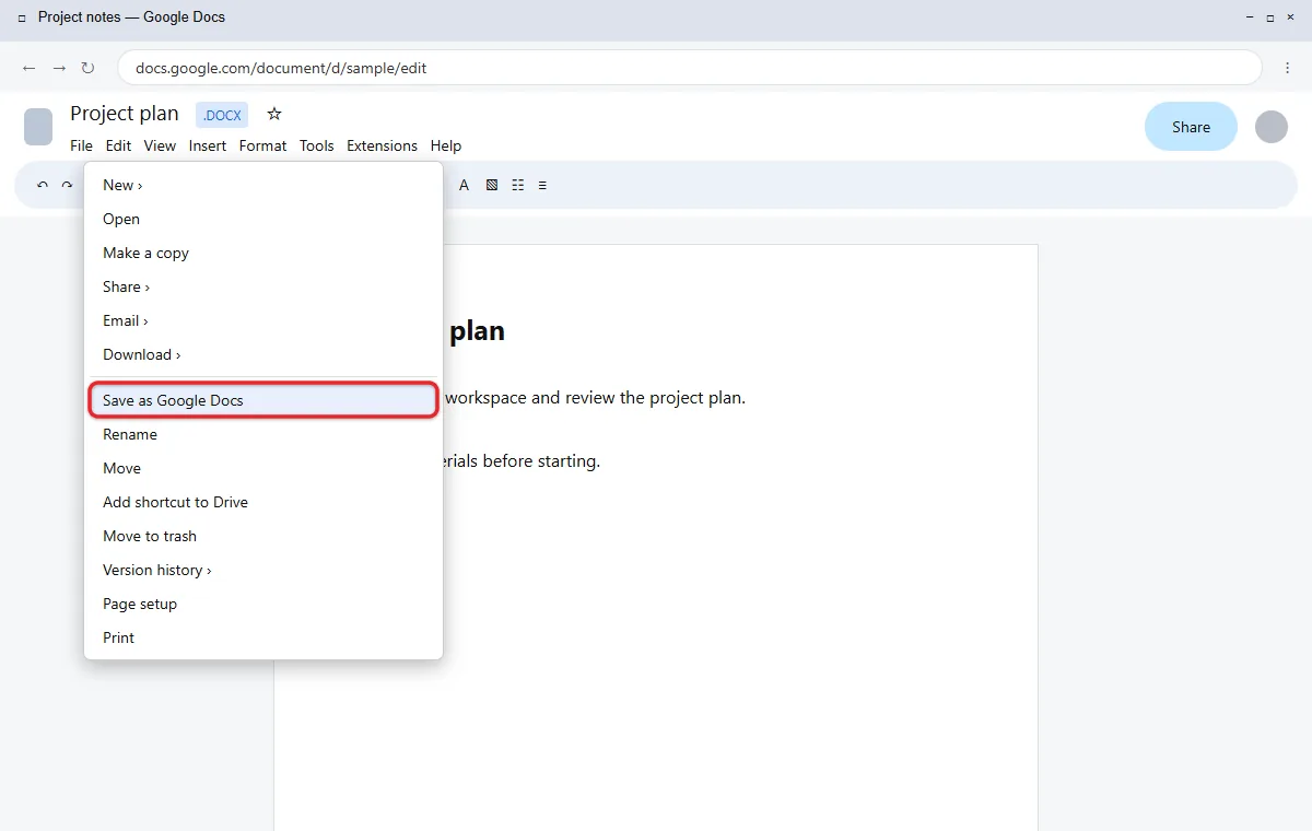 How to Convert a Word Document to a Google Doc 2 Google Docs File menu with Save as Google Docs selected