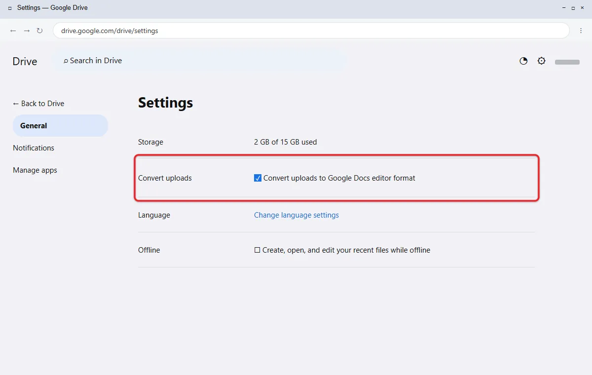 How to Convert a Word Document to a Google Doc 3 Google Drive settings with the Convert uploads checkbox selected