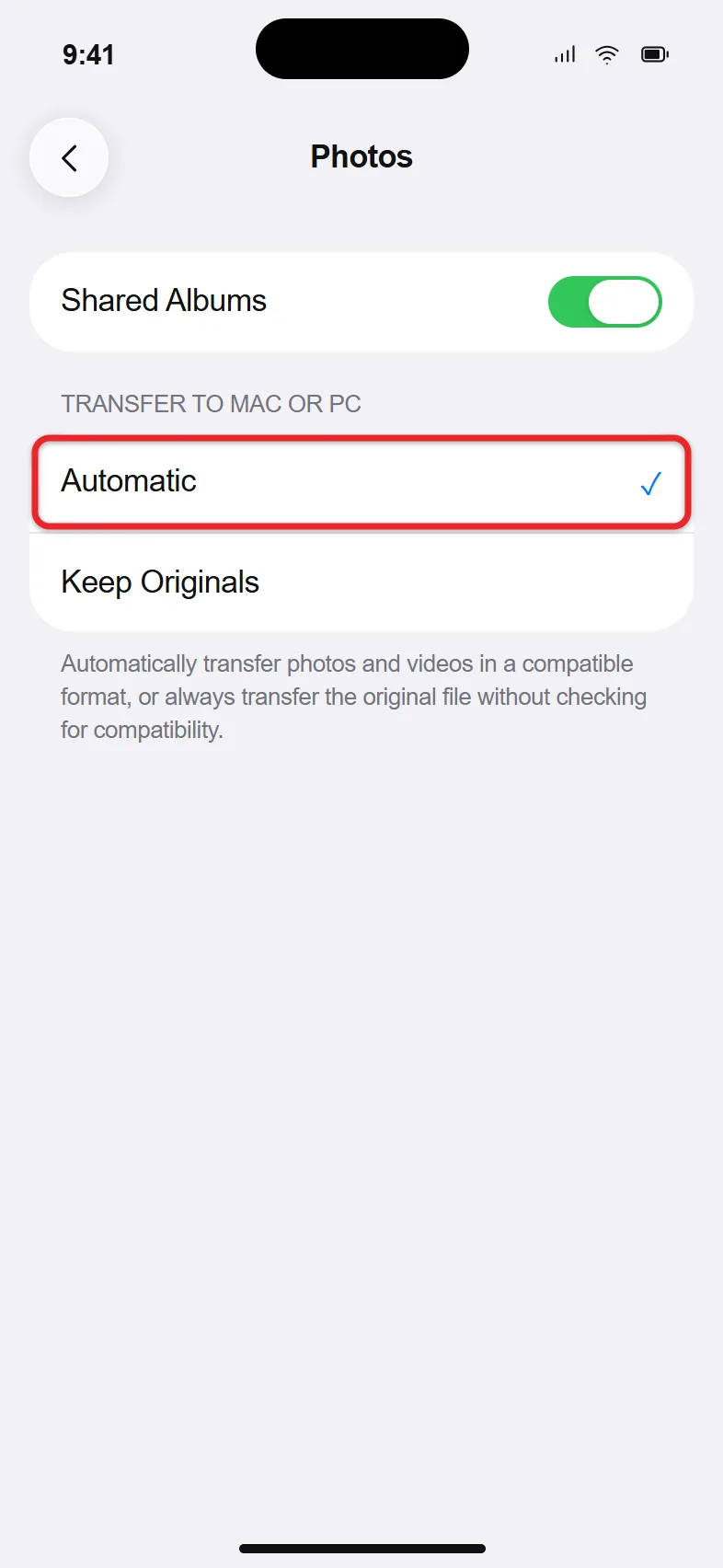 How to Convert HEIC to JPG on Windows 11 3 iPhone Photos settings with Transfer to Mac or PC set to Automatic