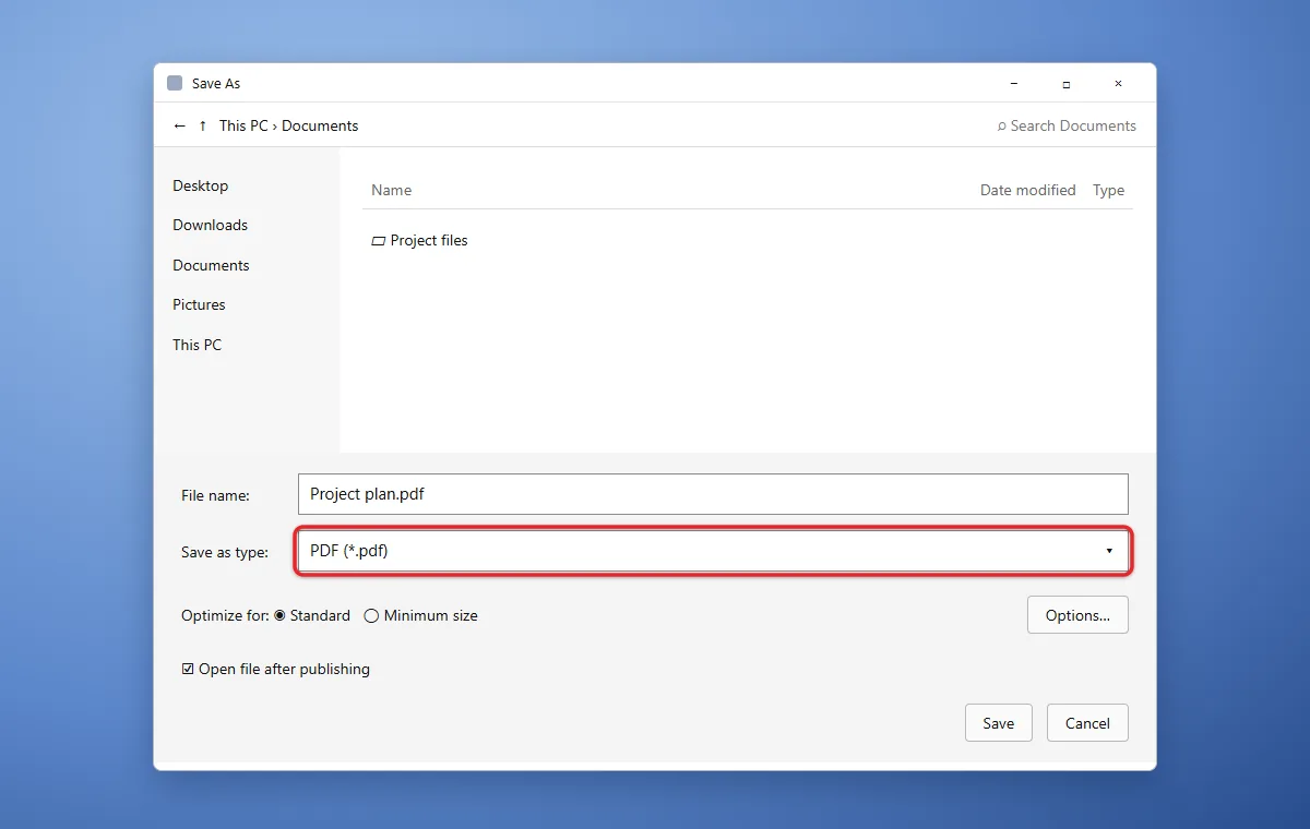 How to Convert Word to PDF With Embedded Links 1 Word Save As dialog with PDF selected as the file type