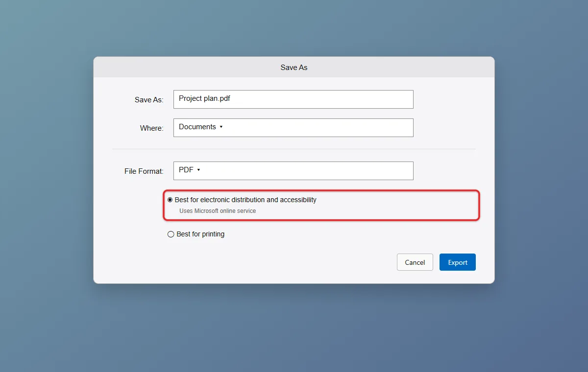 How to Convert Word to PDF With Embedded Links 2 Word for Mac save dialog with the electronic distribution PDF option selected