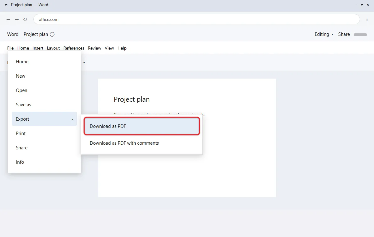 How to Convert Word to PDF With Embedded Links 3 Word for the web Export menu with Download as PDF