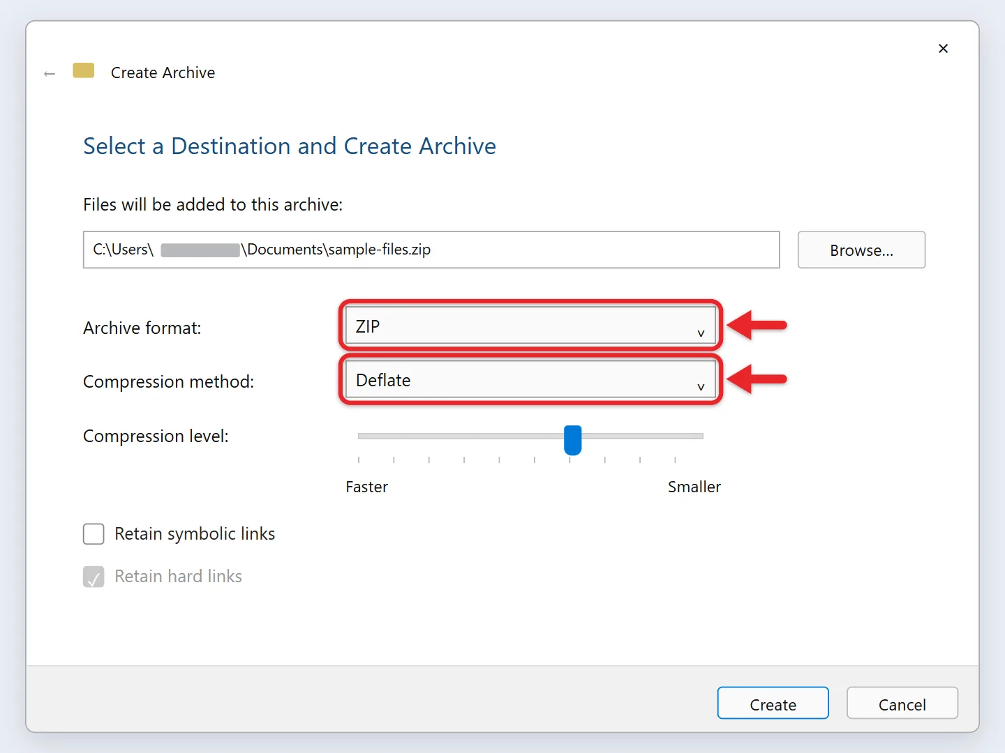 How to Create a ZIP File in Windows 11 or 10 2 Windows 11 Create Archive window with ZIP format and compression settings