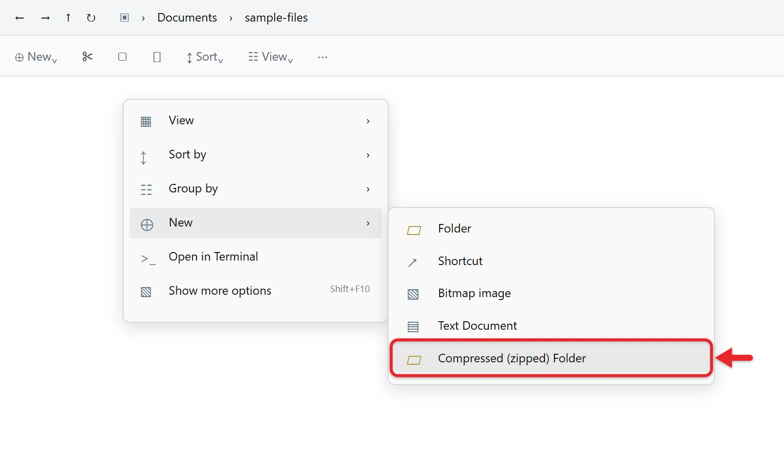 How to Create a ZIP File in Windows 11 or 10 3 New menu in File Explorer showing Compressed (zipped) Folder