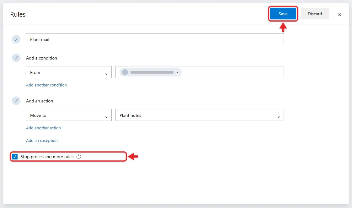 How to Create an Email Filter (Rule) in Outlook 1 New Outlook rule editor with a name, a From condition, a Move to folder action and the Save button