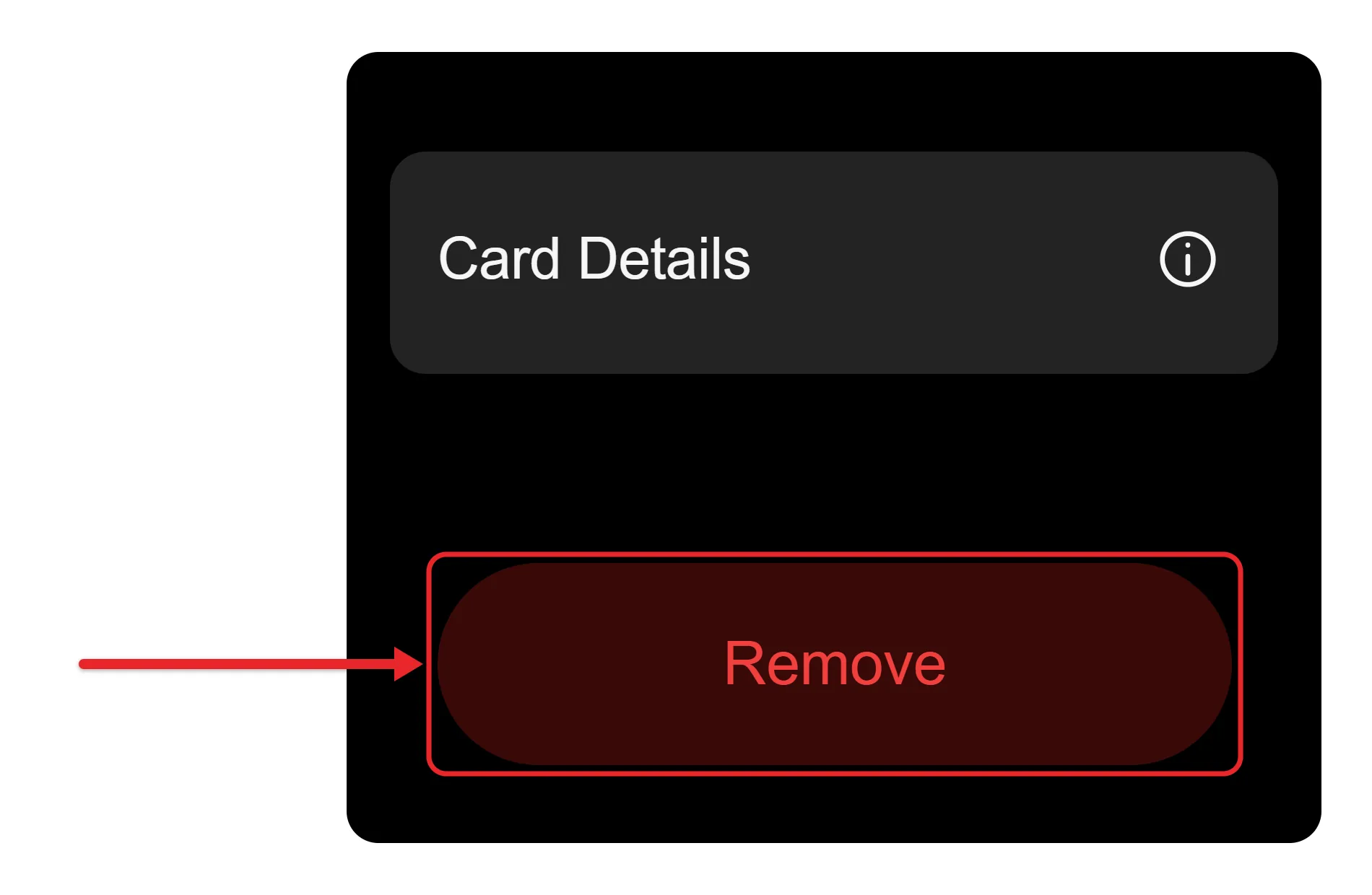 How to Delete a Card From Apple Pay on an iPhone 3 Recreated cropped Apple Watch Wallet card view with Card Details and the red Remove button, with Remove outlined and an arrow in the margin