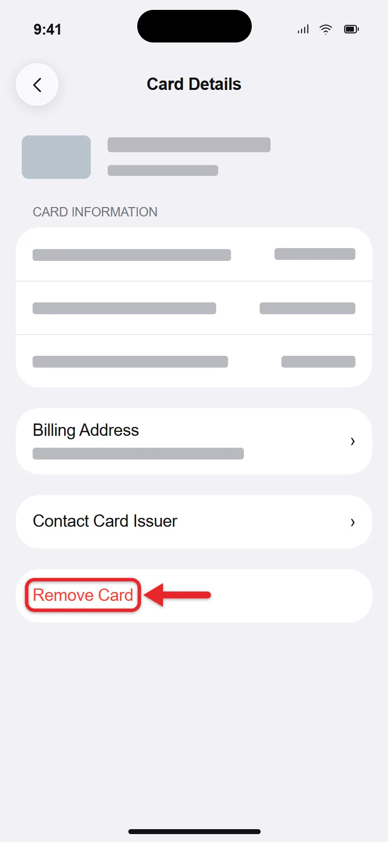 How to Delete a Card From Apple Pay on an iPhone 2 Wallet Card Details screen with Remove Card at the bottom