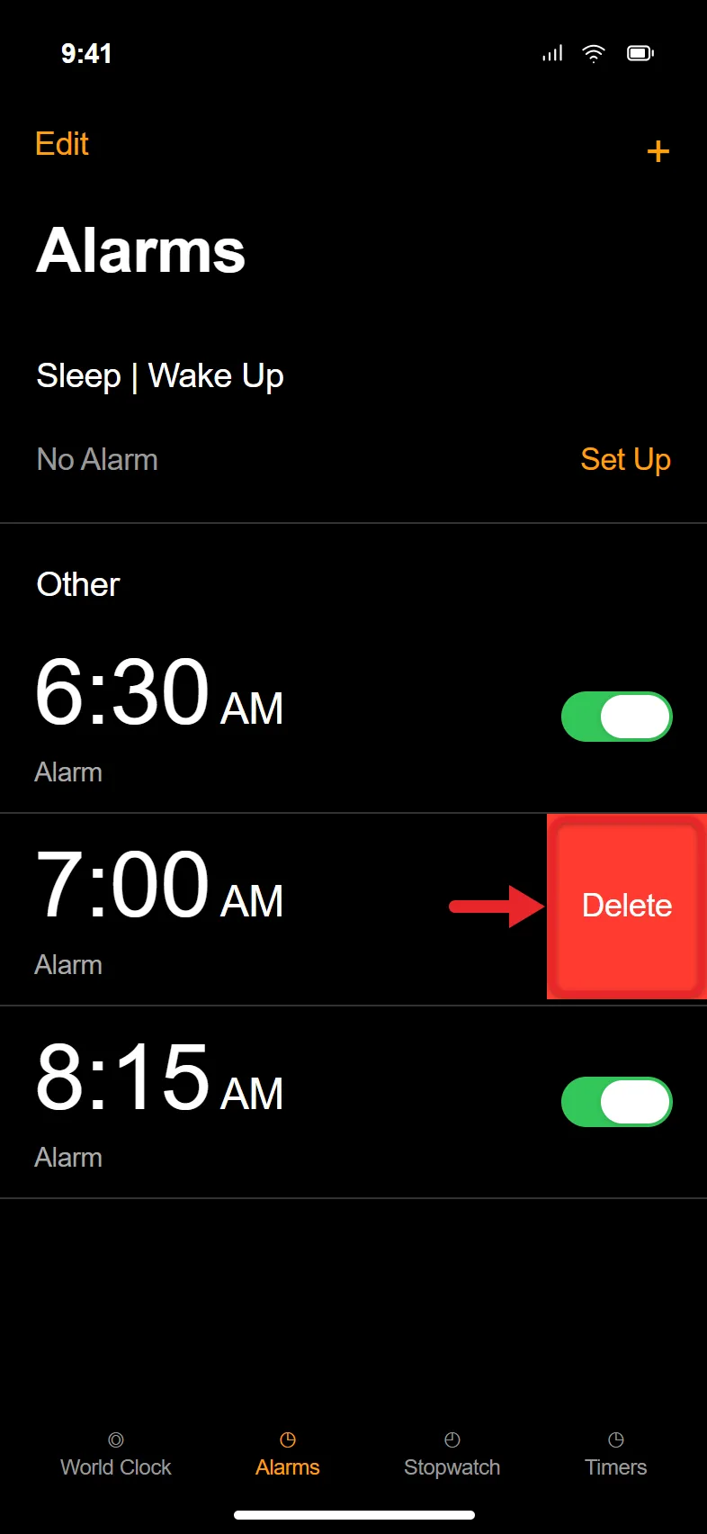 How to Delete an Alarm on iPhone 1 iPhone Clock app Alarms tab with the Delete button showing on a swiped alarm