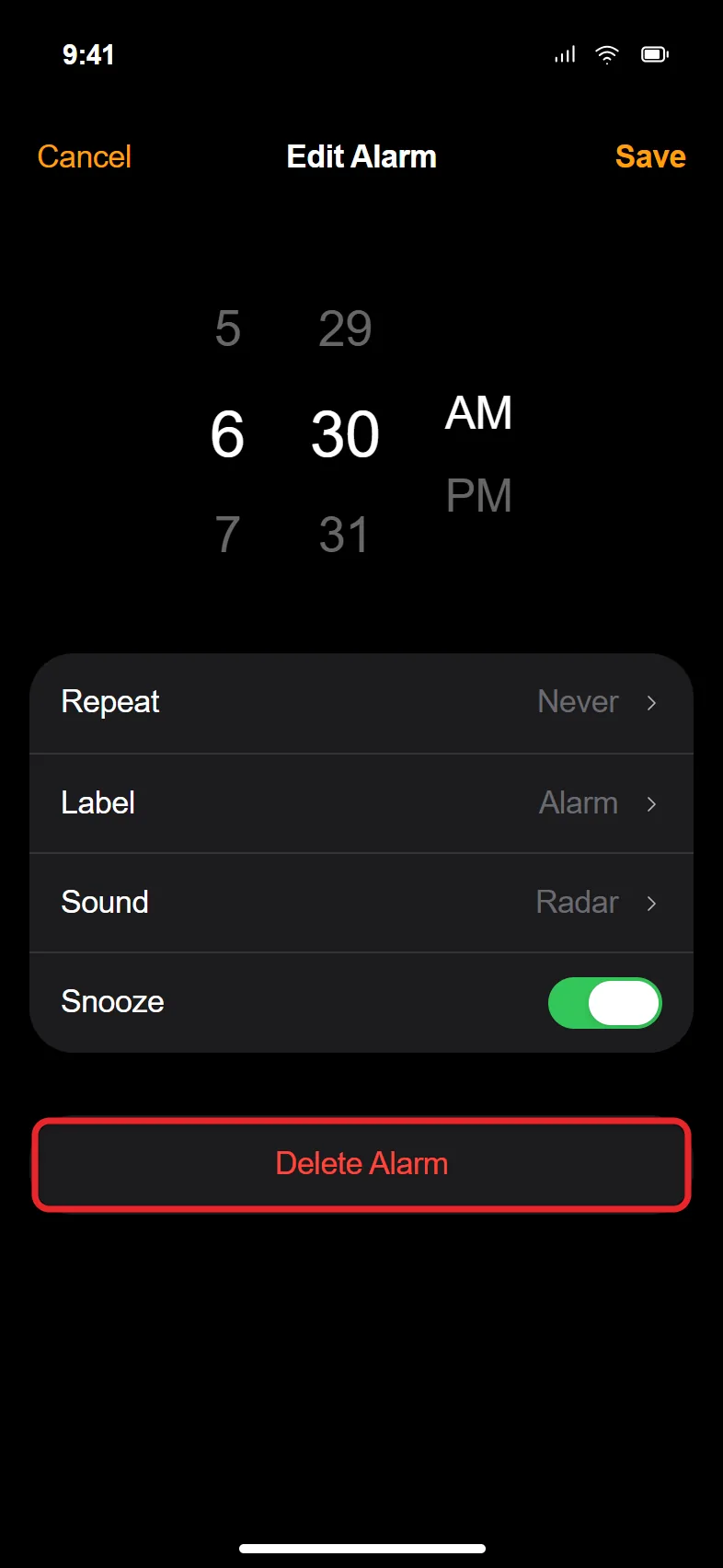 How to Delete an Alarm on iPhone 2 iPhone alarm settings screen with the Delete Alarm button