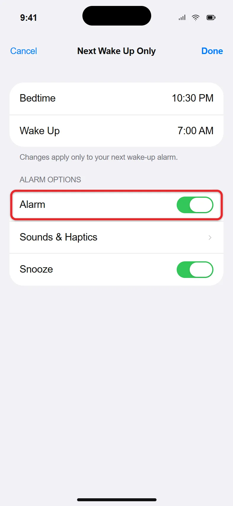 How to Delete an Alarm on iPhone 3 Health app sleep schedule screen with the wake-up Alarm switch