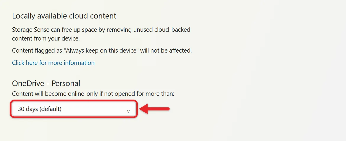 How to Delete Files From OneDrive on Windows 11 3 Windows 11 Storage Sense settings with the OneDrive online-only time dropdown