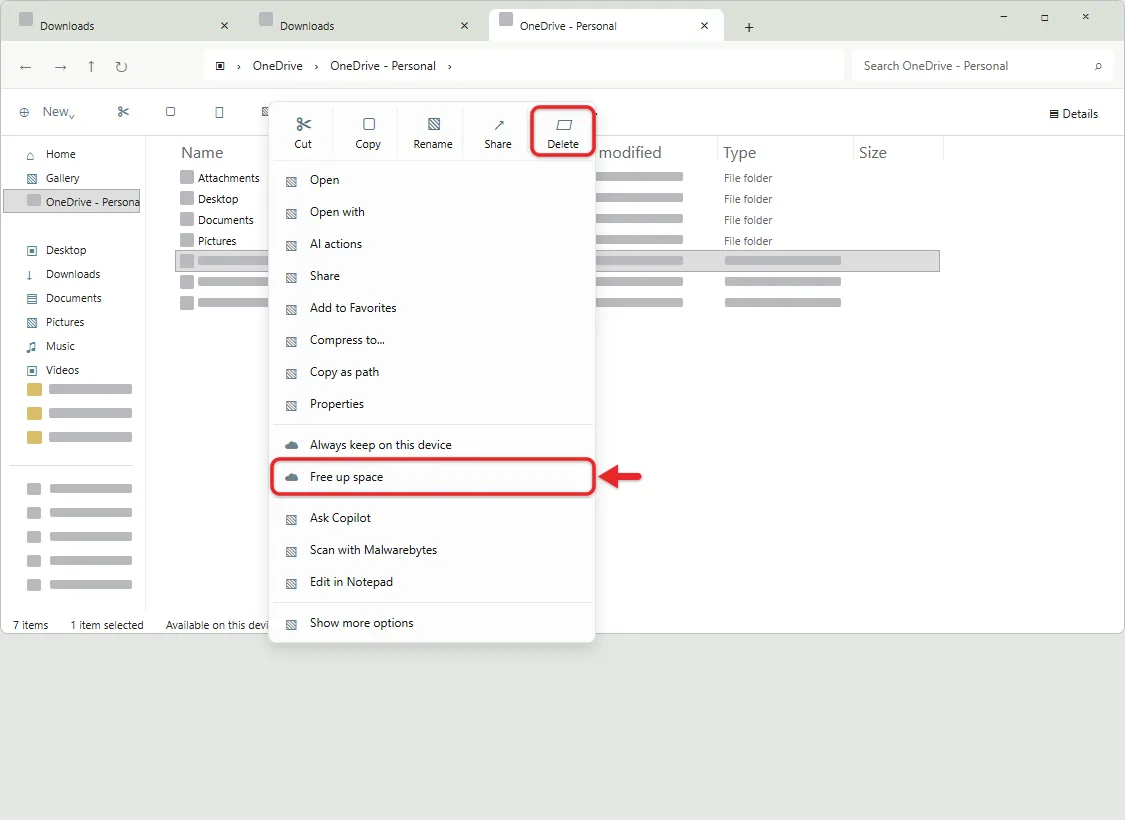 How to Delete Files From OneDrive on Windows 11 2 File Explorer OneDrive context menu with the Delete icon and Free up space option