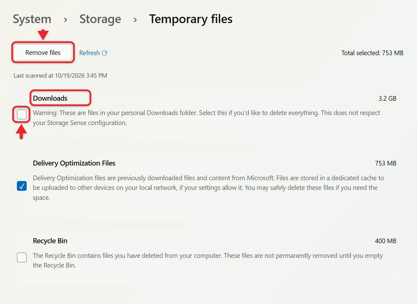 How to Delete Temp Files in Windows 11 2 Windows 11 Temporary files page with categories checked and Downloads left unchecked