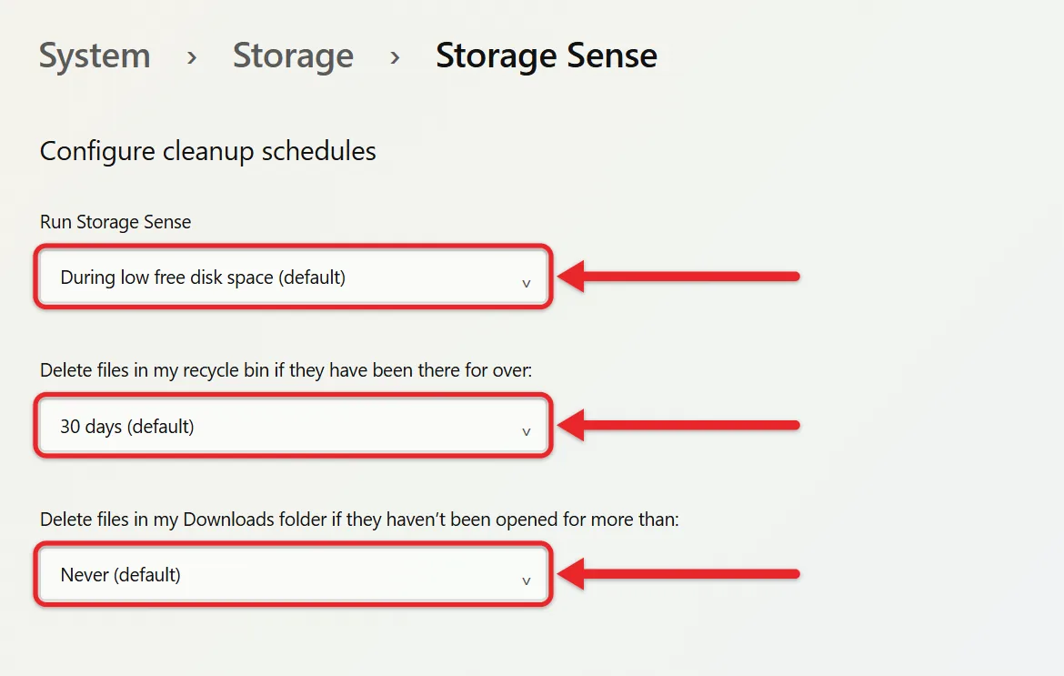 How to Delete Temp Files in Windows 11 5 Windows 11 Storage Sense settings with schedule and cleanup period dropdowns
