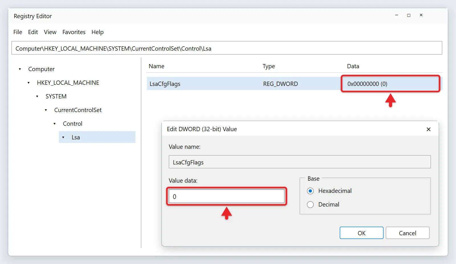 How to Disable Credential Guard in Windows 11 3 Registry Editor showing the LsaCfgFlags DWORD value set to 0 in the Lsa key