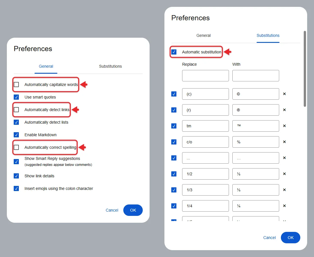 How to Turn Off AutoCorrect in Google Docs (Capitals, Links, Smart Quotes) 1 Google Docs Preferences showing General correction controls and Substitutions replacement rules in two separate views