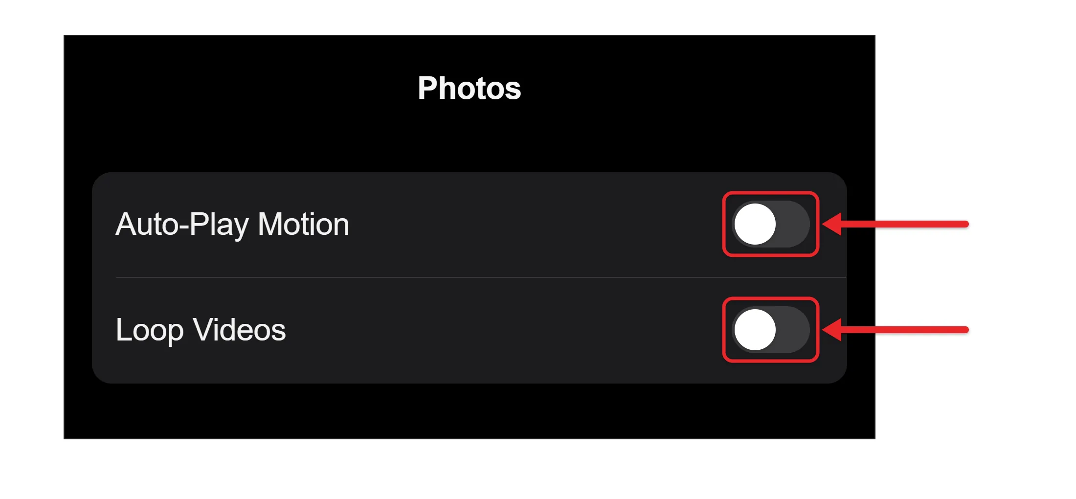 How to Disable Video Autoplay in the Photos App on an iPhone 11 3 Recreated Settings Photos control detail showing Auto-Play Motion and Loop Videos switched off