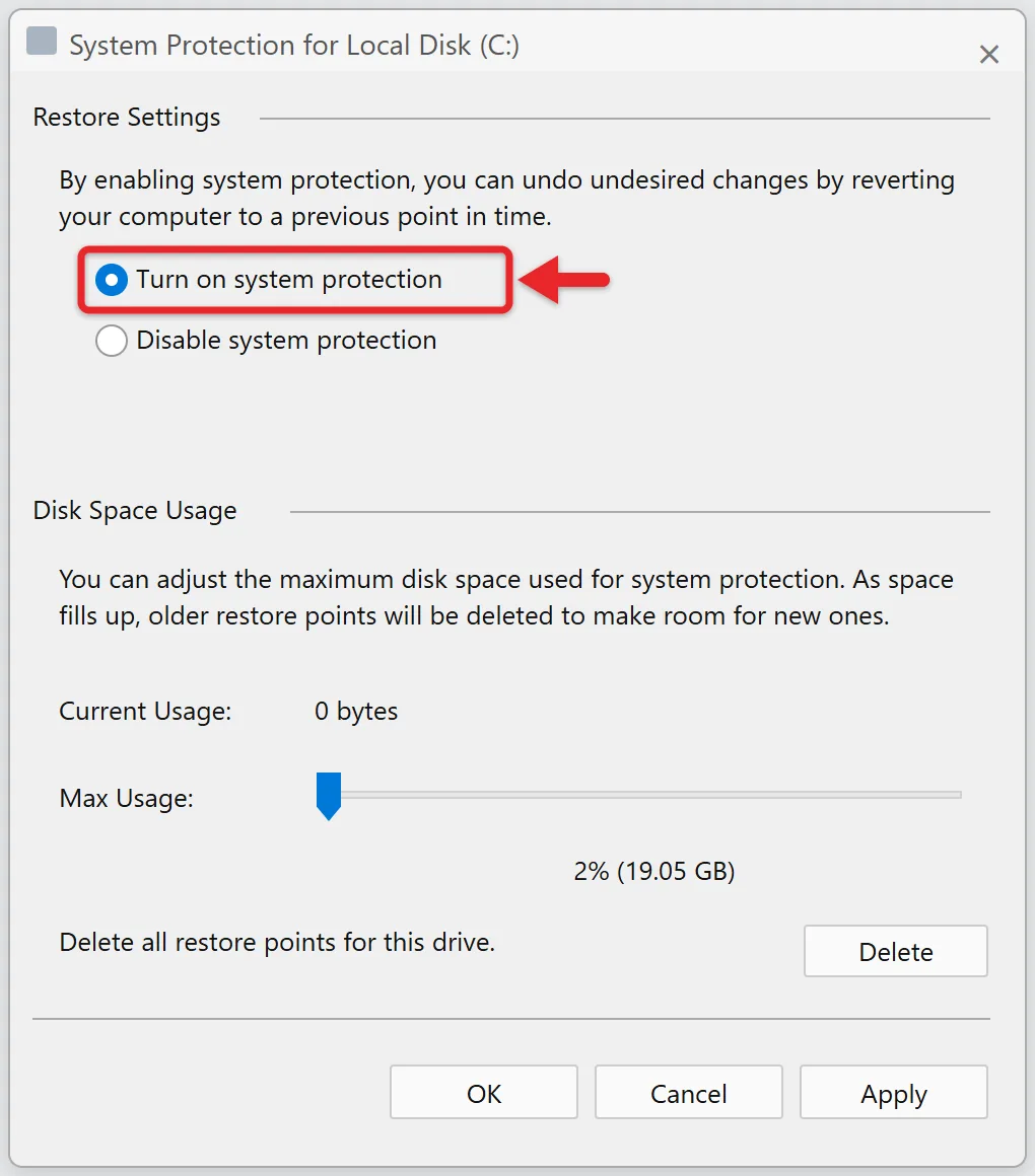 How to Do a System Restore on Windows 11 5 System Protection settings with Turn on system protection selected in Windows 11