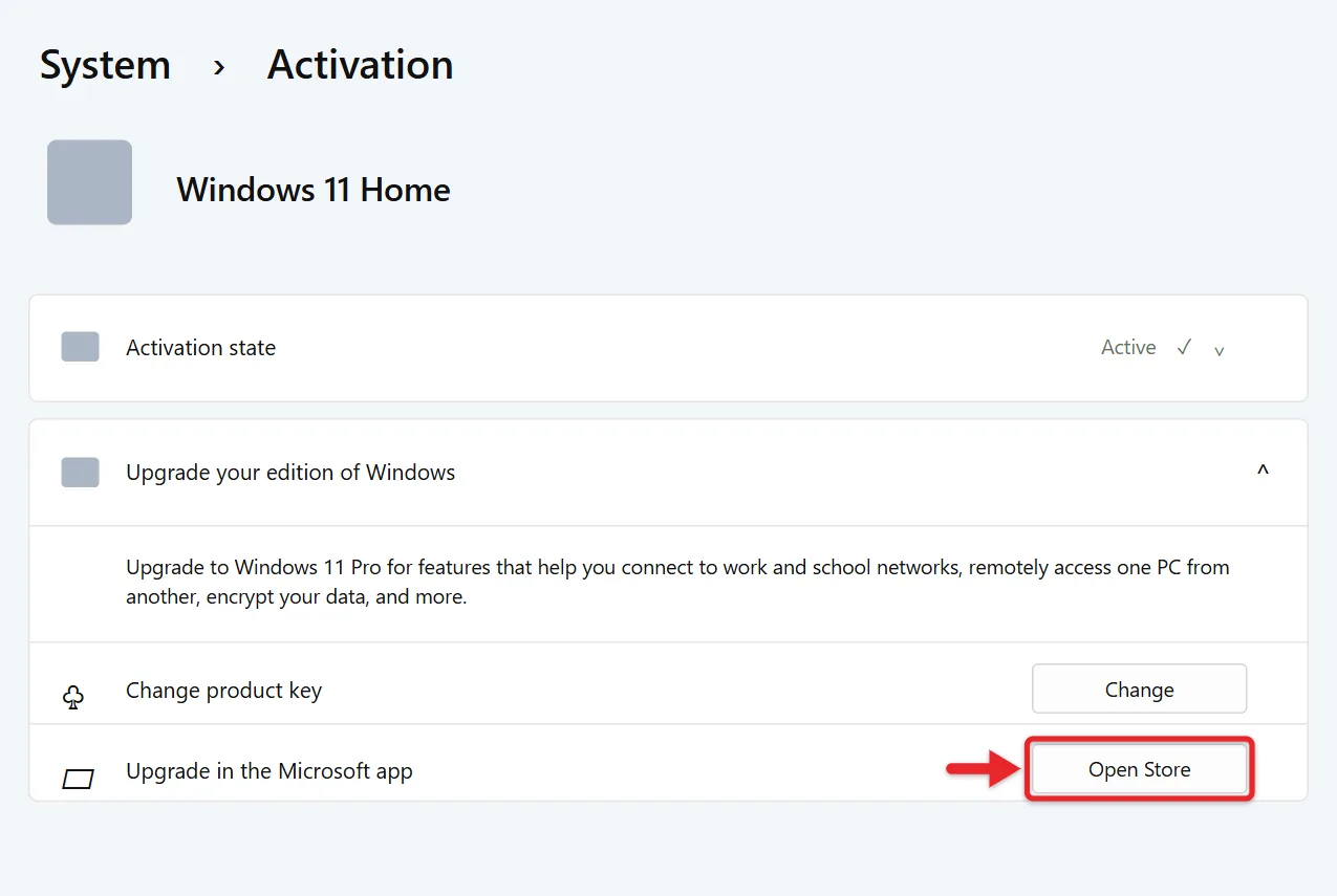 How to Download Windows 11 Pro 2 Windows 11 Activation page with Upgrade your edition of Windows expanded and Open Store