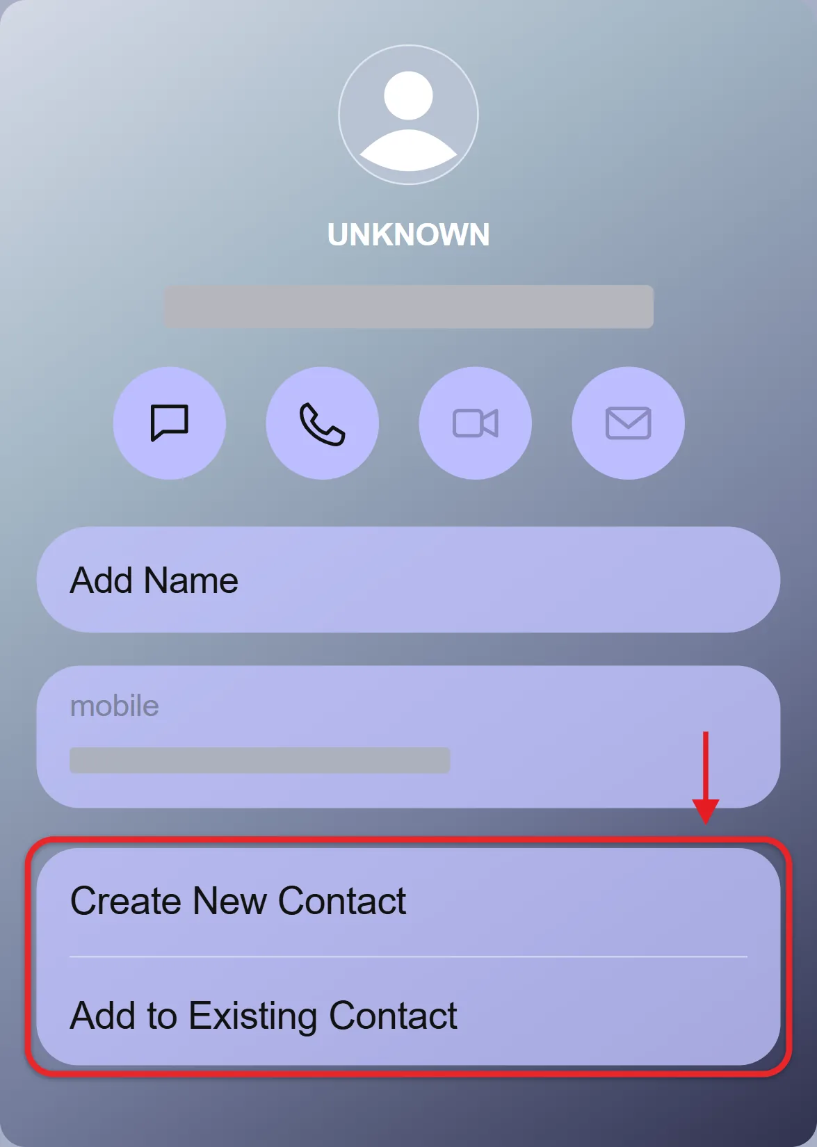 How to Edit a Contact on iPhone 4 Recreated iPhone unknown-caller contact detail with Create New Contact and Add to Existing Contact highlighted and the phone number hidden by gray bars