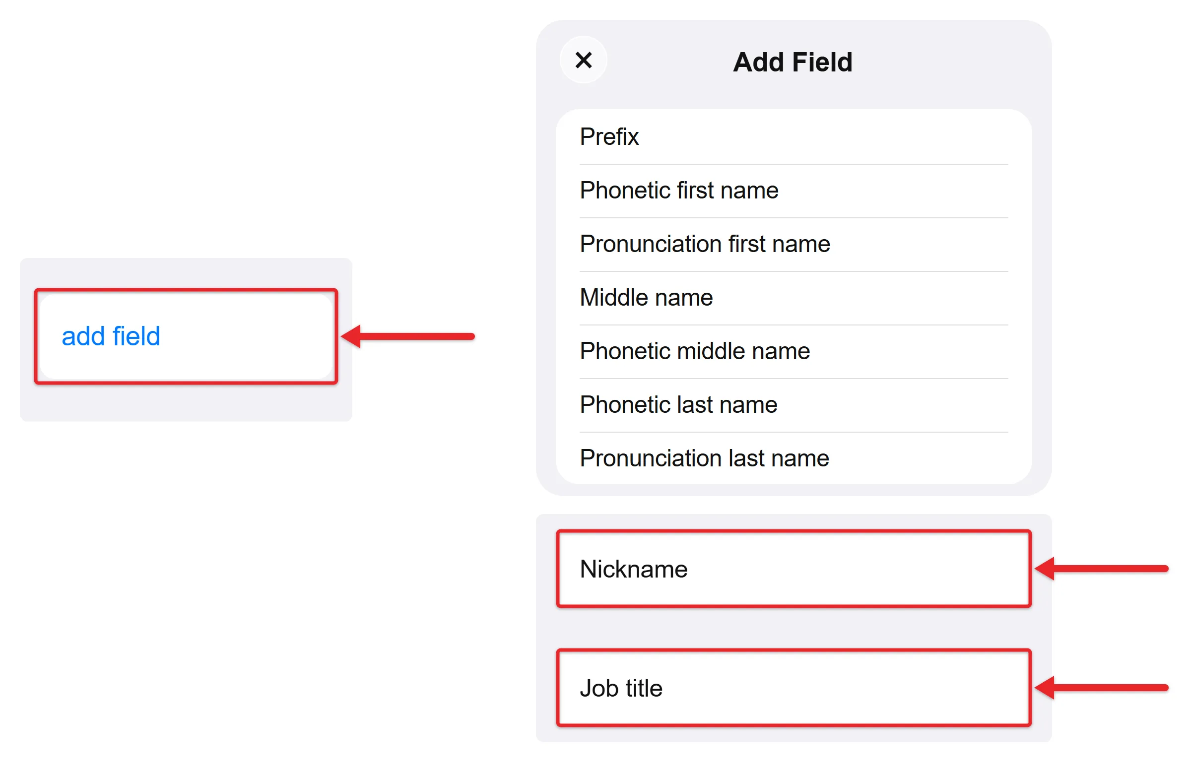 How to Edit a Contact on iPhone 2 Three recreated cropped Contacts details showing add field, phonetic and pronunciation name fields, and later Nickname and Job title choices outlined in red