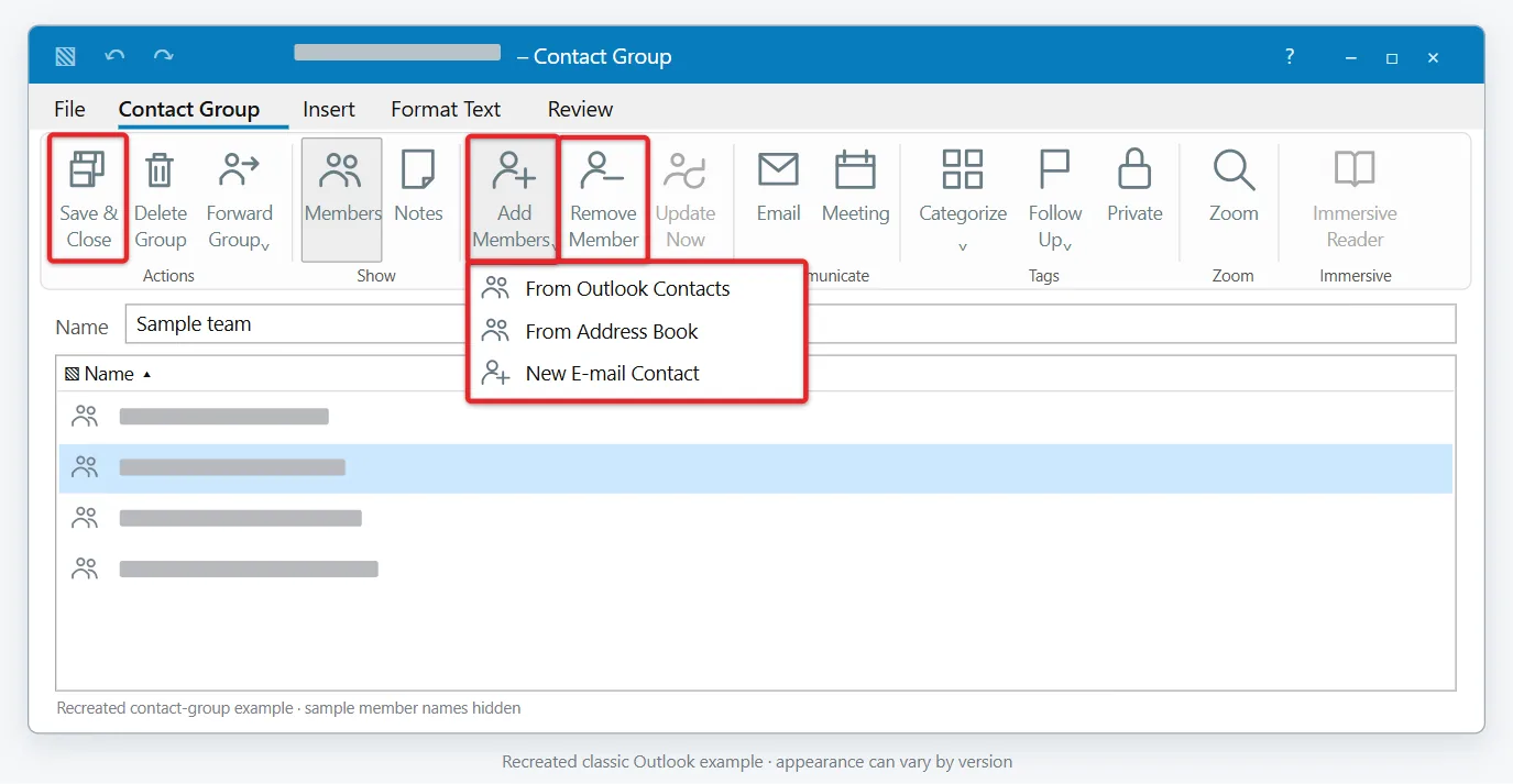 How to Edit a Distribution List in Outlook 2 Recreated classic Outlook contact group with Add Members open to From Outlook Contacts, From Address Book and New E-mail Contact, plus Remove Member and Save and Close