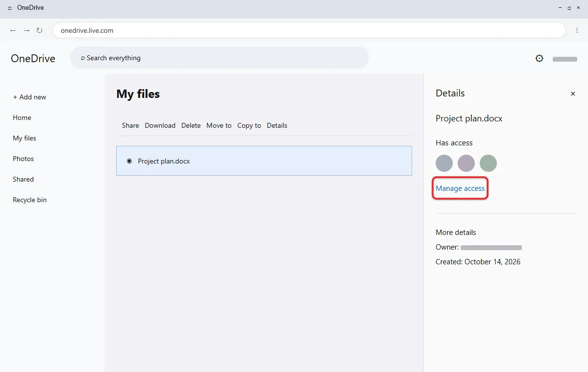 How to Edit Permissions on a Word Document 1 OneDrive Details pane showing the Manage access link for a Word document