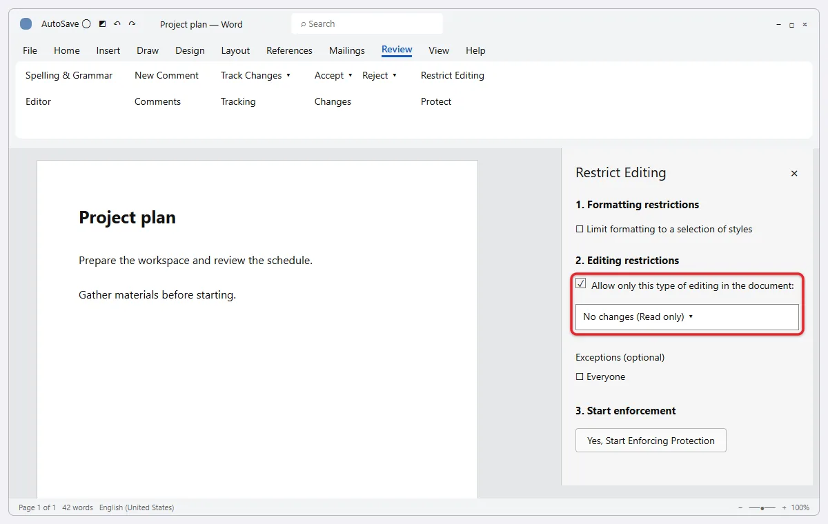 How to Edit Permissions on a Word Document 2 Word Restrict Editing pane set to No changes (Read only)