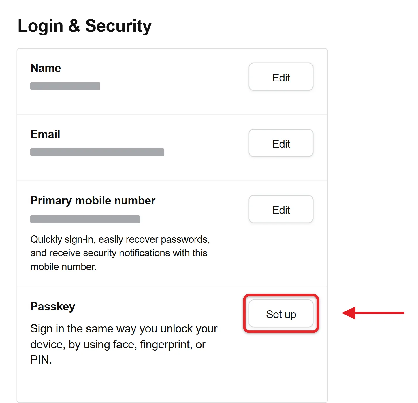 How to Enable Amazon Biometric Authorization on an iPhone 1 Recreated Amazon Login and Security detail with Set up beside Passkey highlighted and name, email and phone number hidden in gray