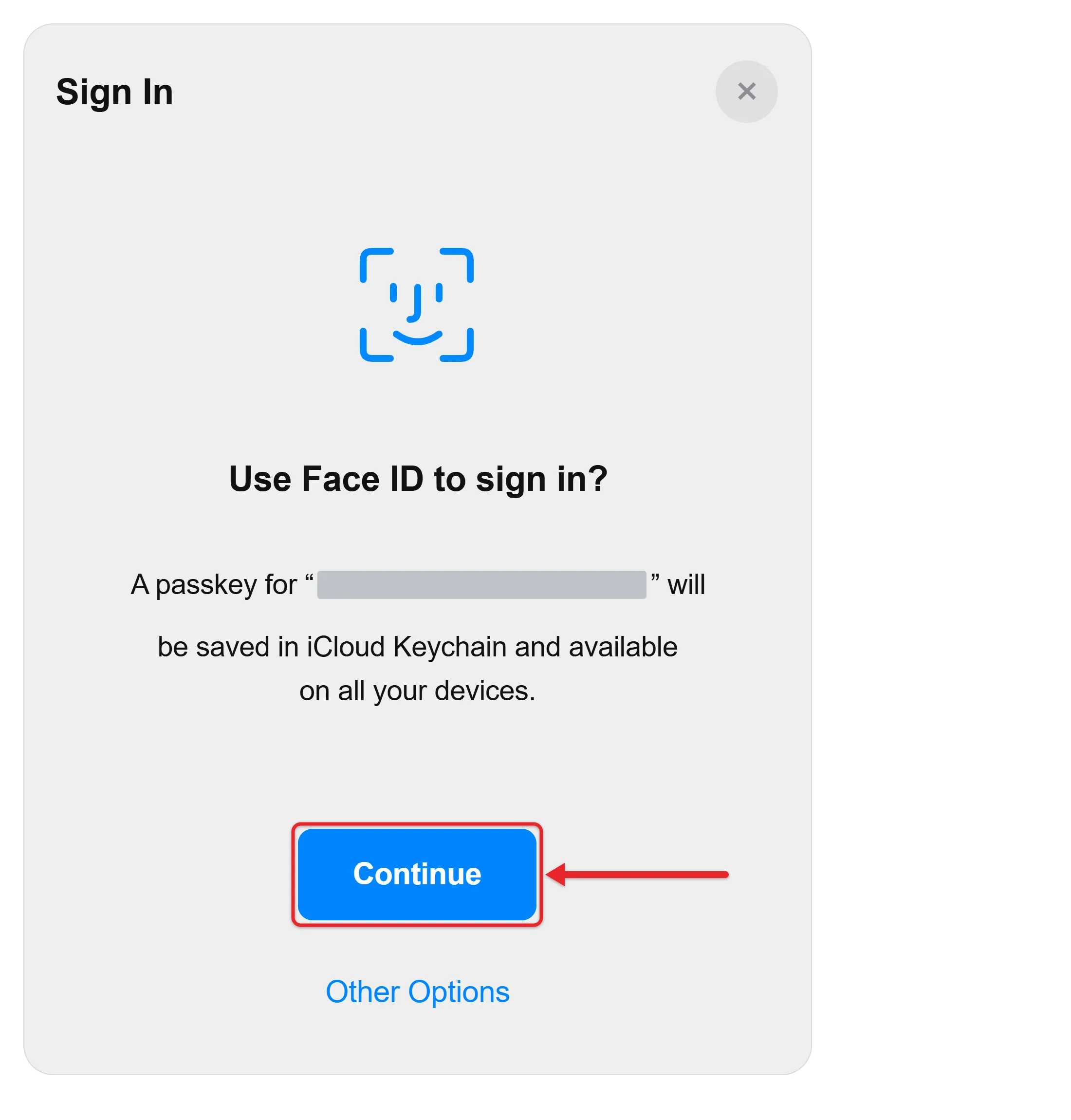 How to Enable Amazon Biometric Authorization on an iPhone 2 Recreated cropped iPhone Amazon passkey confirmation prompt asking Use Face ID to sign in, with Continue outlined in red and the account identifier hidden in gray