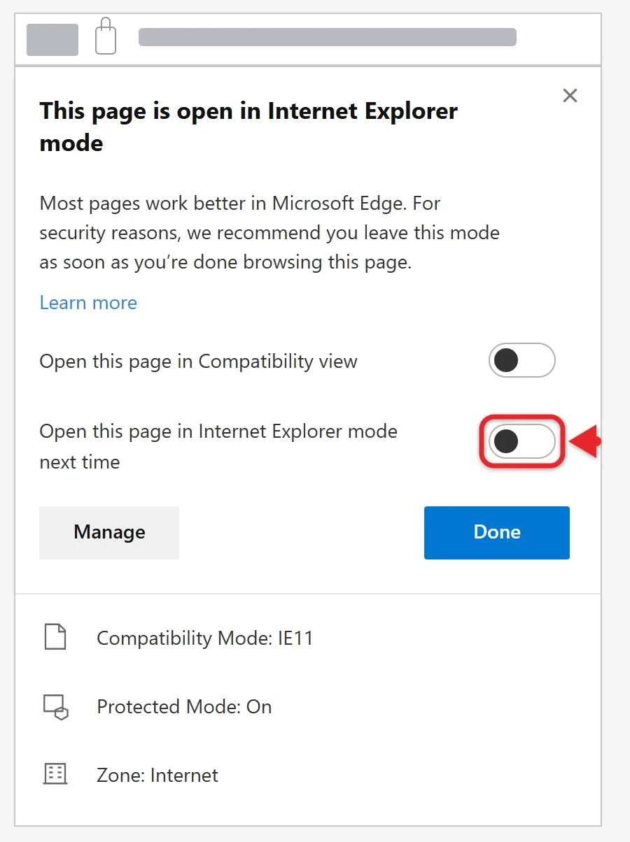 How to Enable Internet Explorer in Windows 11 (IE Mode in Edge) 3 Recreated Edge Internet Explorer mode panel showing the next-time switch, with site address and branding hidden