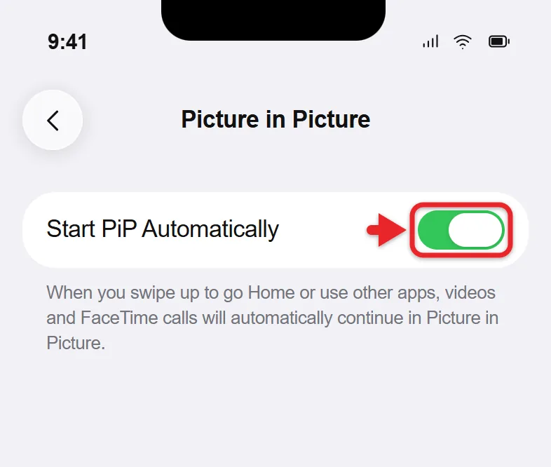 How to Use Picture in Picture on iPhone 1 iPhone Picture in Picture settings with Start PiP Automatically turned on