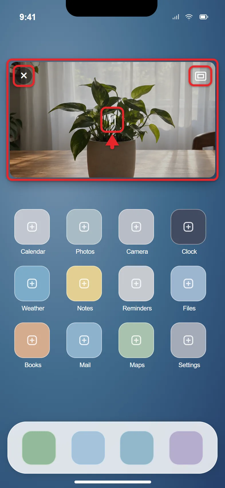 How to Use Picture in Picture on iPhone 2 Floating Picture in Picture video window over the iPhone Home Screen showing close, pause and full-screen controls