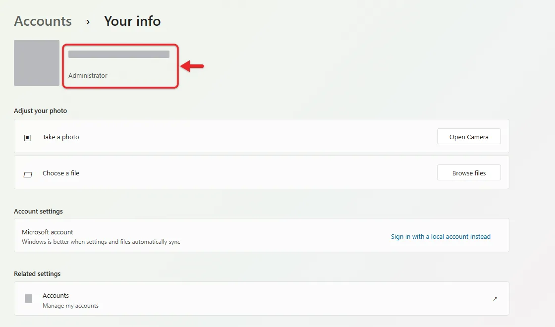 How to Change the Microsoft Account on Windows 11 5 Recreated Windows 11 Accounts Your info page with the account identifier highlighted and personal account details hidden by gray bars