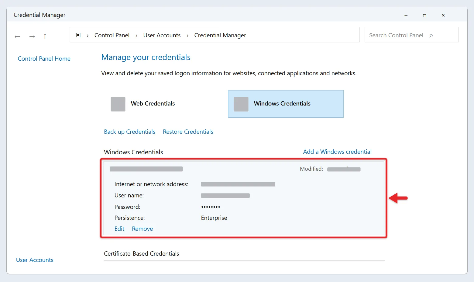 How to Find Network Credentials in Windows 11 or 10 3 Expanded network entry in Windows Credentials showing the saved address and user name with Edit and Remove links