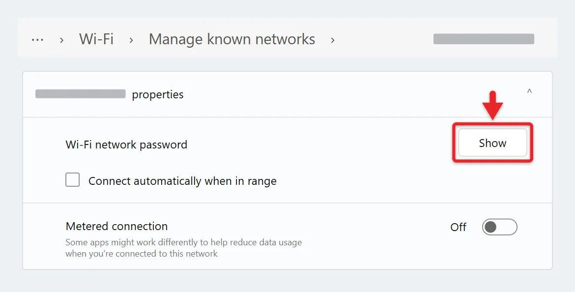 How to Find Network Credentials in Windows 11 or 10 4 Windows 11 Wi-Fi properties page with the Show button next to Wi-Fi network password