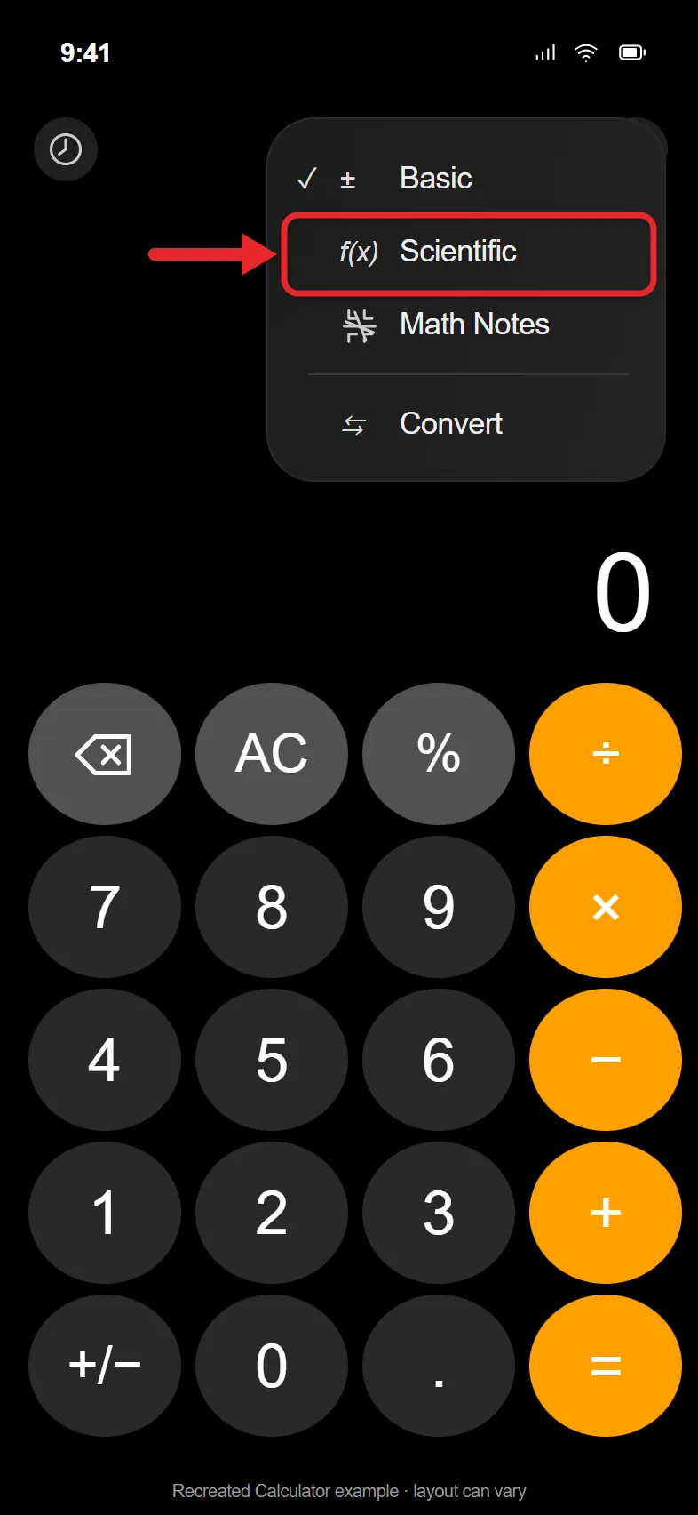 How to Find the Other Calculator on an iPhone 1 Recreated iPhone Calculator with the top-right Change Mode menu open showing Basic, Scientific, Math Notes and Convert, with Scientific highlighted