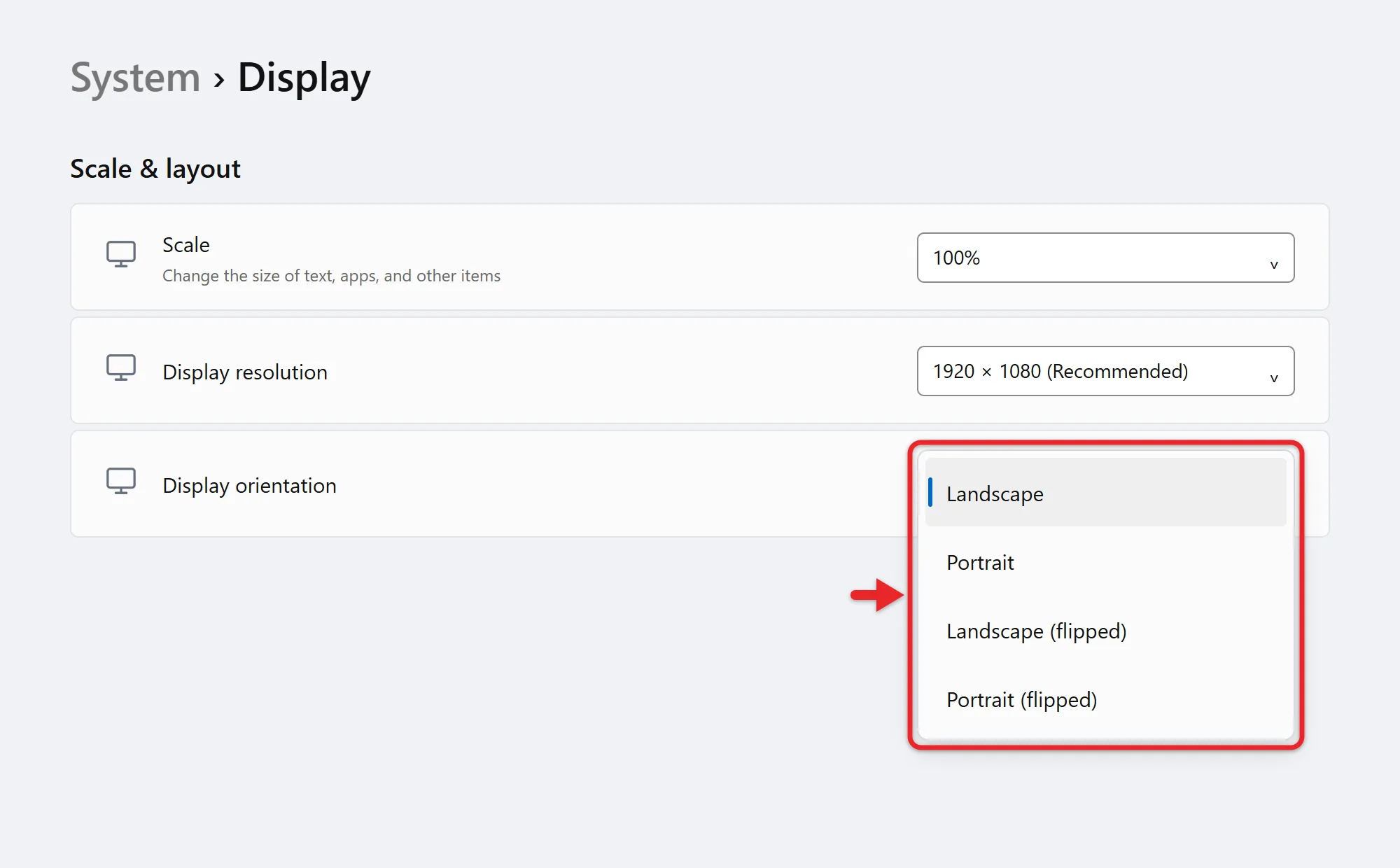 How to Fix an Upside-Down Screen in Windows 11 1 Windows 11 Display settings with the Display orientation list open showing Landscape and flipped options