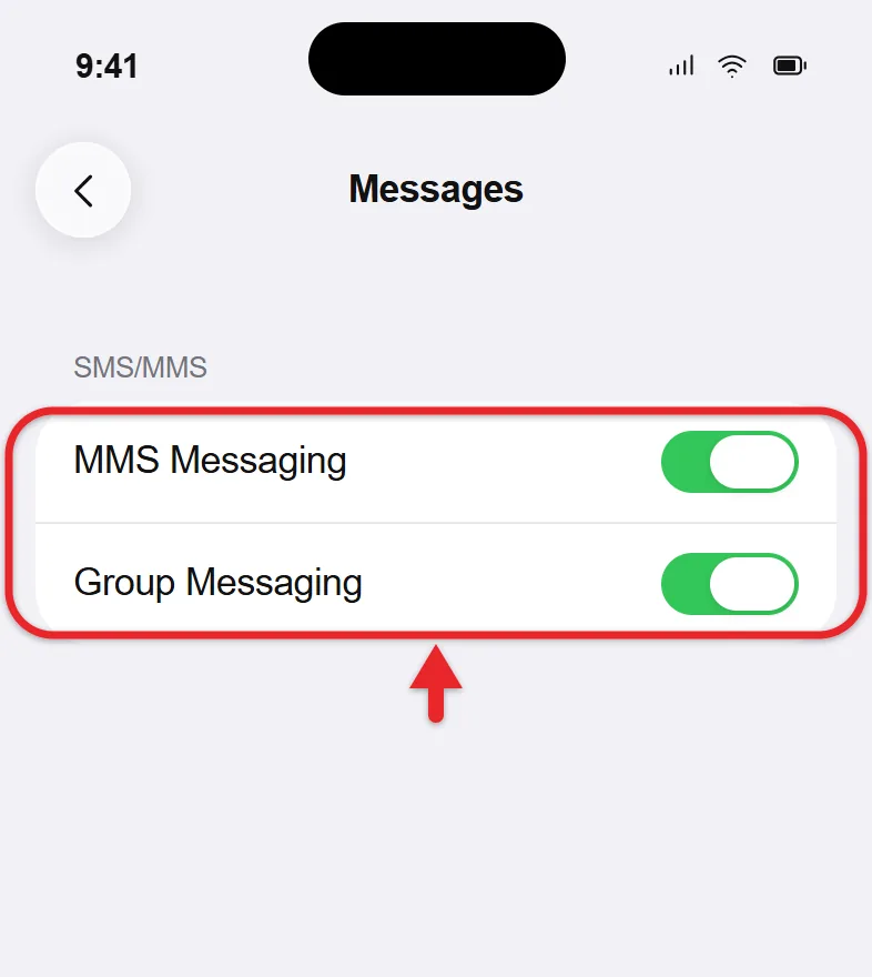 How to Fix "MMS Messaging Needs to Be Enabled" on iPhone 2 iPhone Messages settings SMS/MMS section with MMS Messaging and Group Messaging switched on