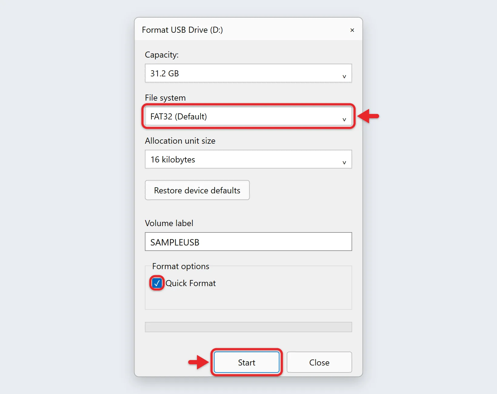How to Format a USB Drive to FAT32 on Windows 11 2 Windows 11 Format window for a USB drive with FAT32 selected and Quick Format checked