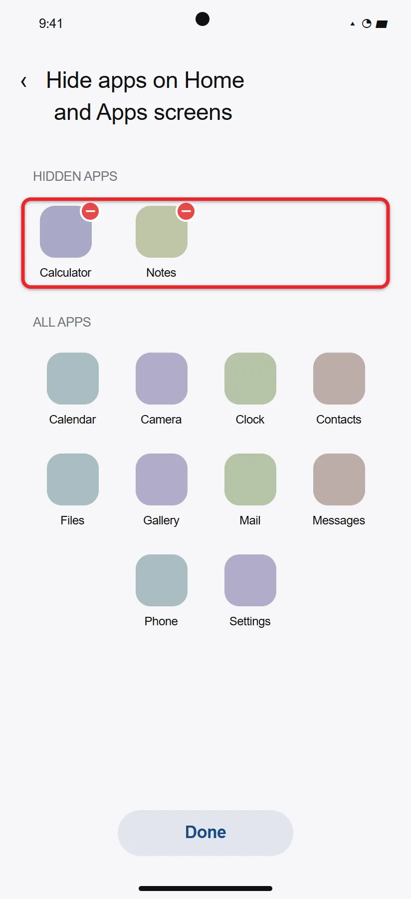 How to Get Apps Back on the Home Screen on Android 3 Samsung hidden apps list with red minus icons